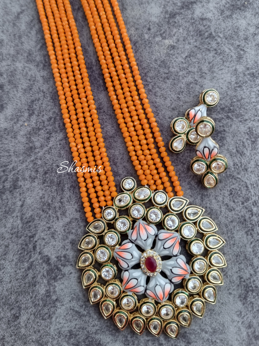 Orange Color Long Kundan Necklace And Earrings, Polki Kundan, Premium Quality