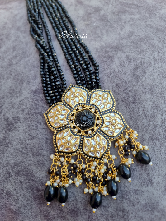 Black Color Flower Design Necklace With Earrings