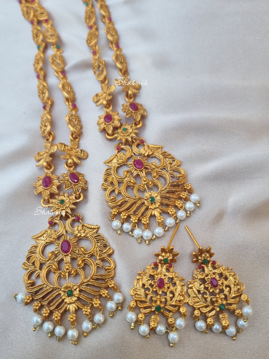 Gold Plated Design Double Necklace Temple Jewellery With Earring