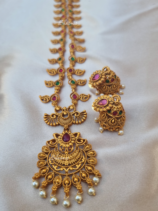 Gold Plated Temple Long Jewellery Necklace With Earring