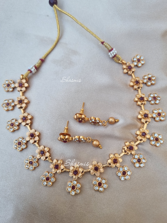 Flower Ruby Stones Necklace With Earrings