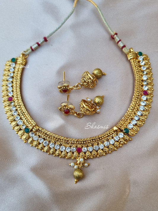 Gold Plated Stone Choker With Earrings