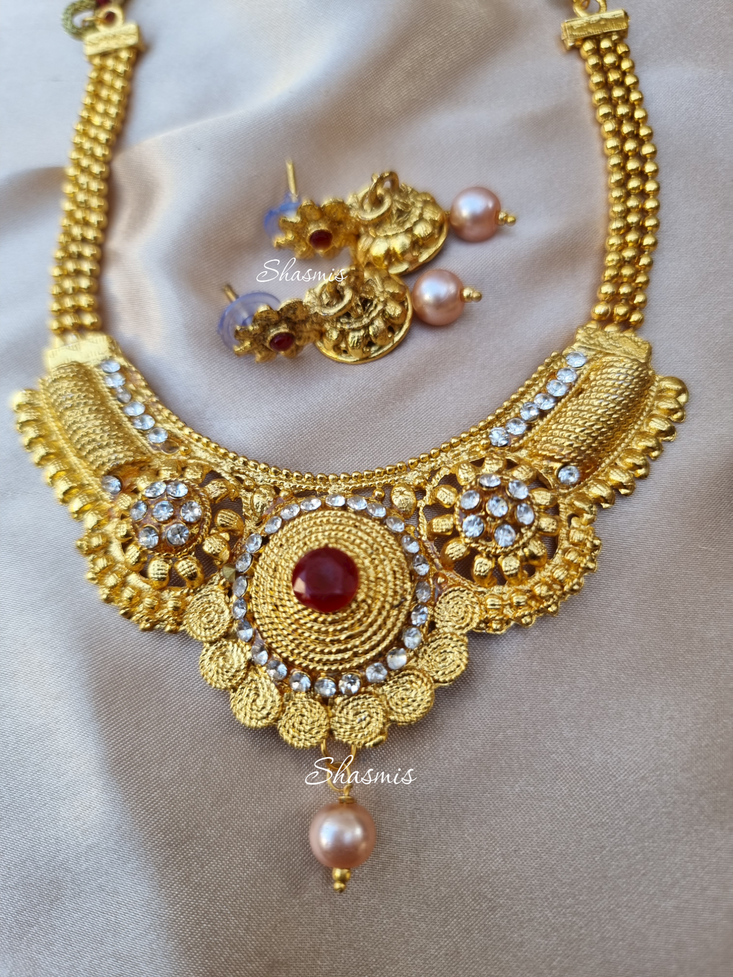 Temple Choker Necklace And Earrings with Ruby Stone Temple Jewellery