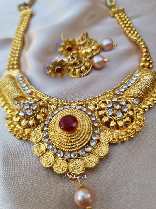 Temple Choker Necklace And Earrings with Ruby Stone Temple Jewellery