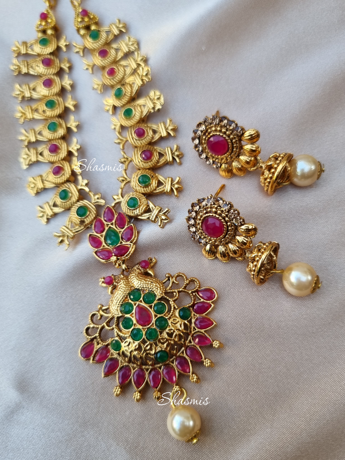 Ruby and Green Stones With Gold Plated Temple Jewellery With Earrings