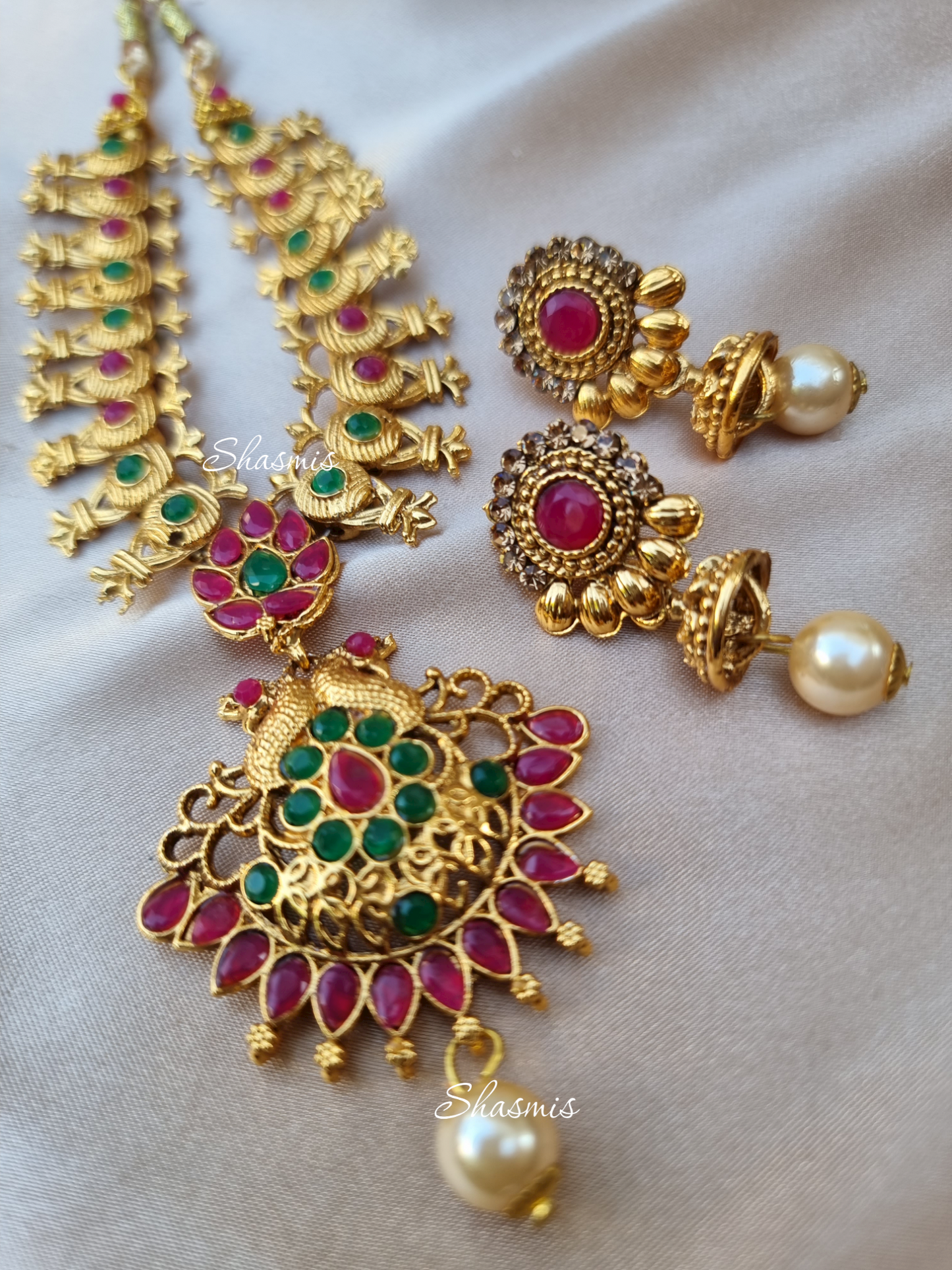 Ruby and Green Stones With Gold Plated Temple Jewellery With Earrings