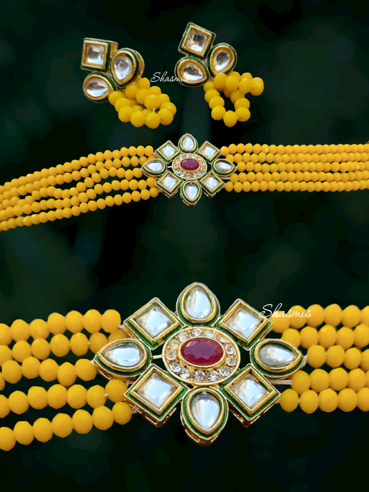 Yellow Color Kundan Choker With Earrings