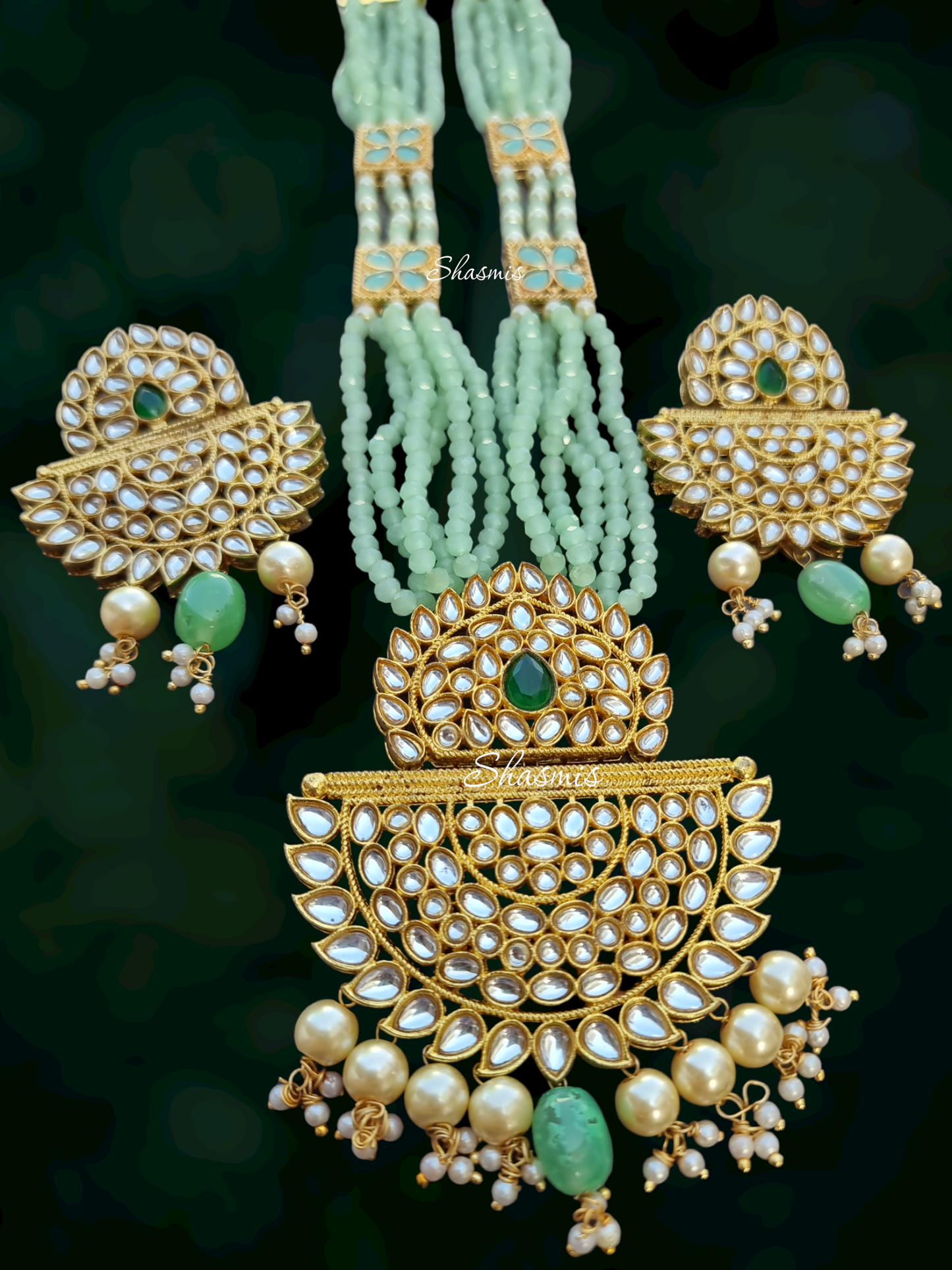 Mint Green Amazing Kundan Beads and Stone Long Necklace With Earrings