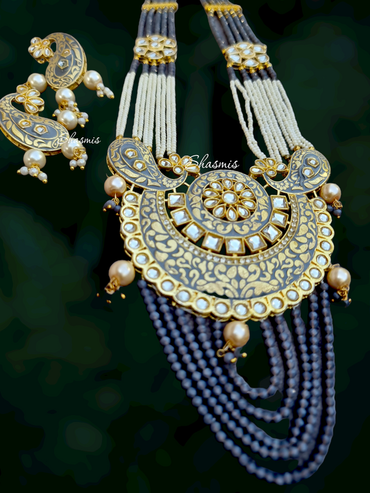 Grey Color Long Necklace And Earrings With Kundan Stones and Pearls