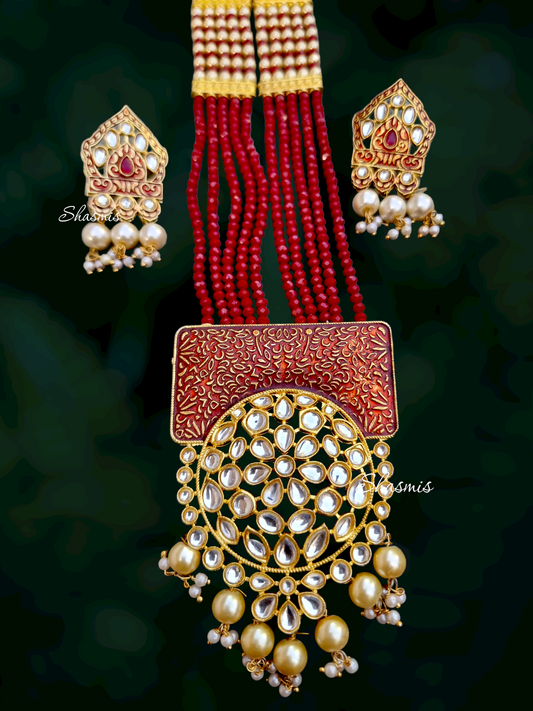 Red Color Long Kundan Necklace With Earrings