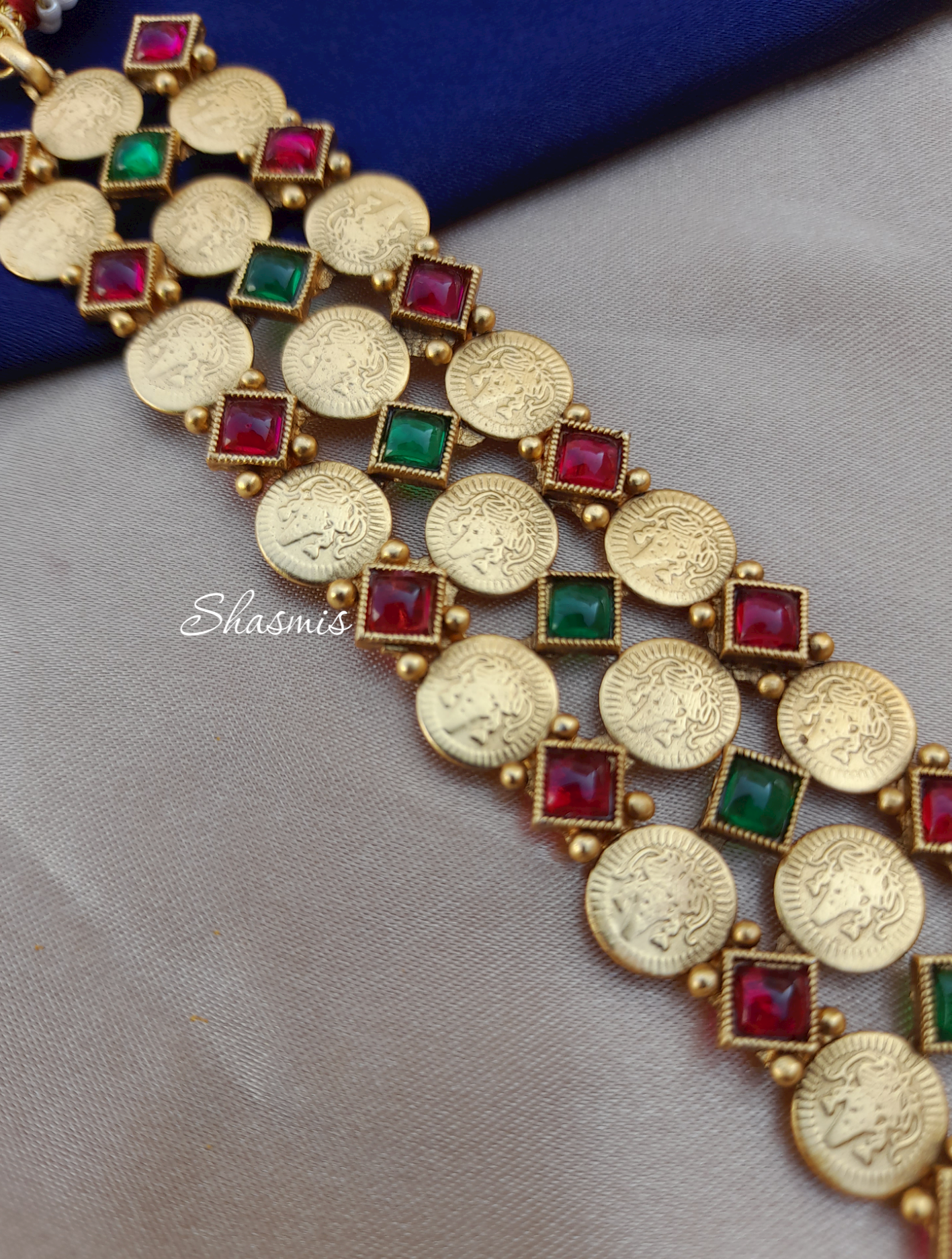 Gold Plated Statement Necklace With Red and Green Color Stones With Earrings