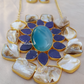 Big Blue Centre Stone, Natural Mother Of Pearl Beads Necklace With Earrings