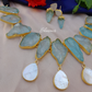 Sea Blue Druzy Stones Statement Necklace With Earrings