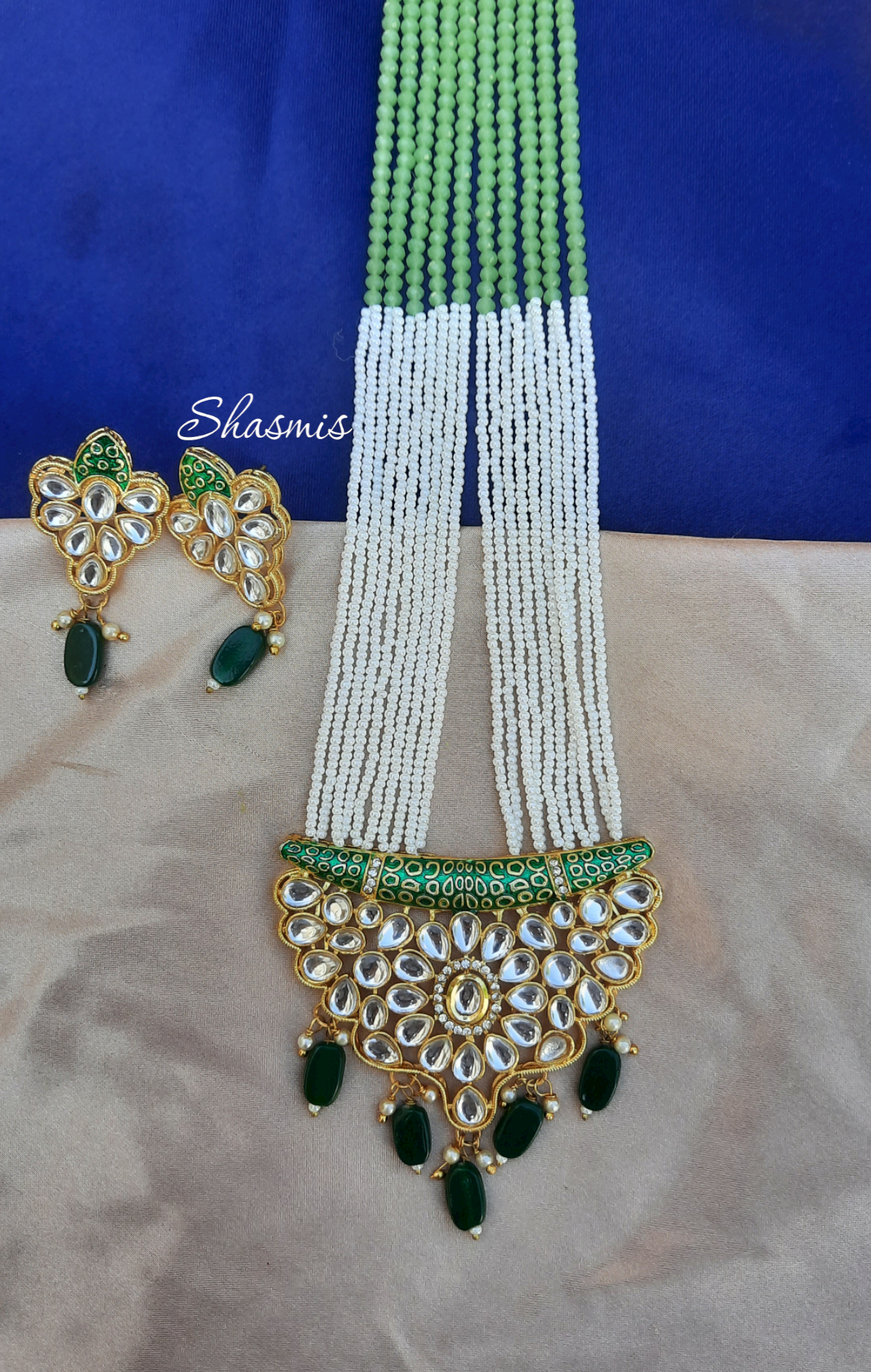 Mint Green Color Long Kundan Beaded Necklace With Earrings