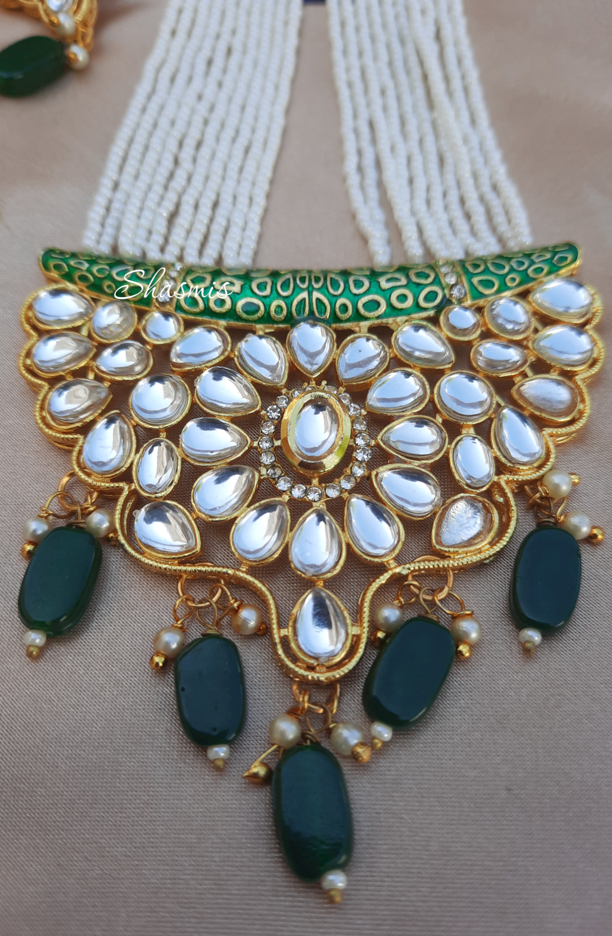 Mint Green Color Long Kundan Beaded Necklace With Earrings