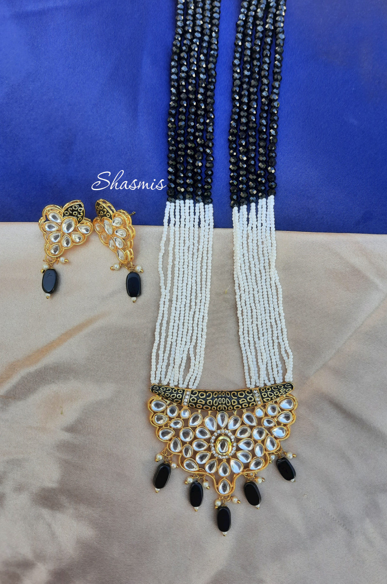 Black Color Kundan Long Beaded Necklace With Earrings