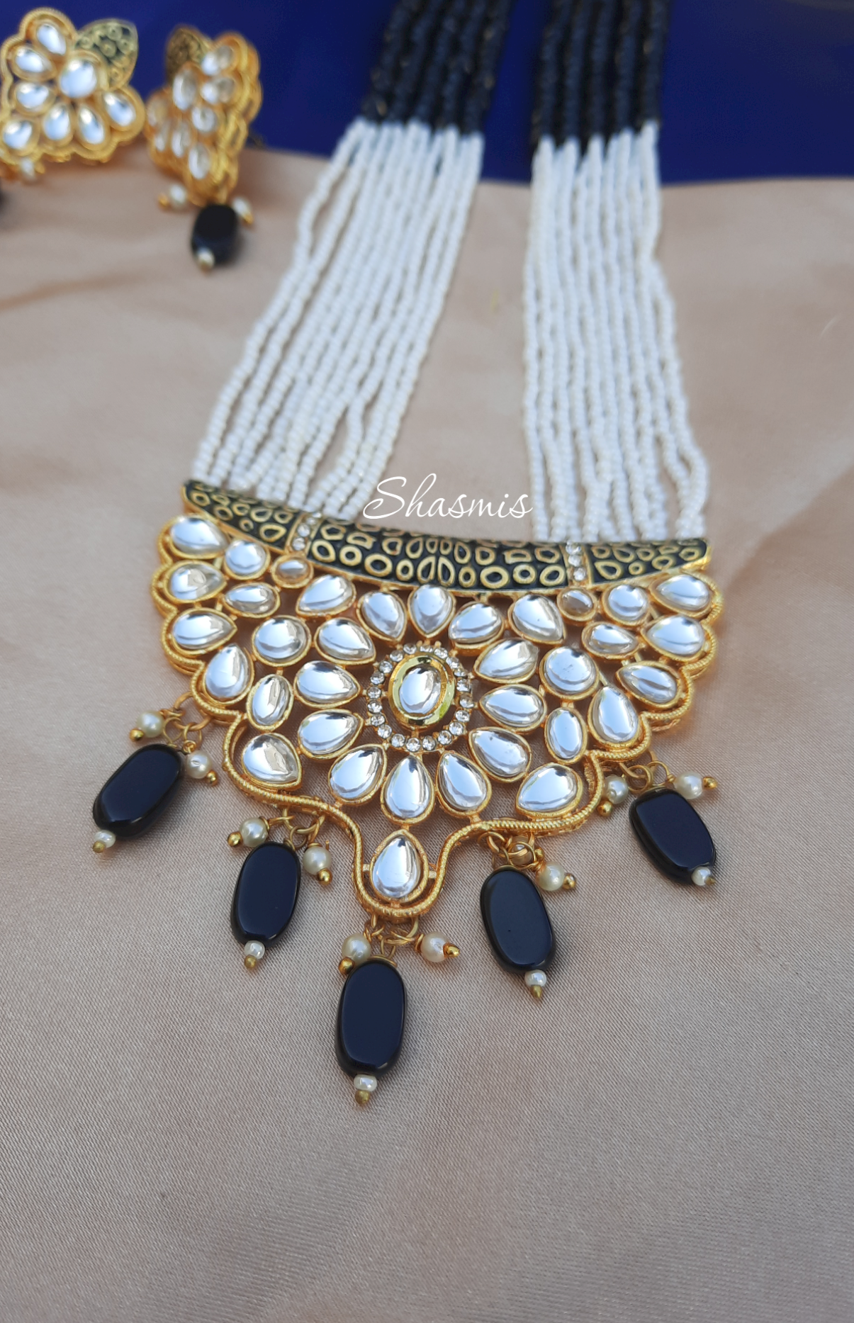 Black Color Kundan Long Beaded Necklace With Earrings