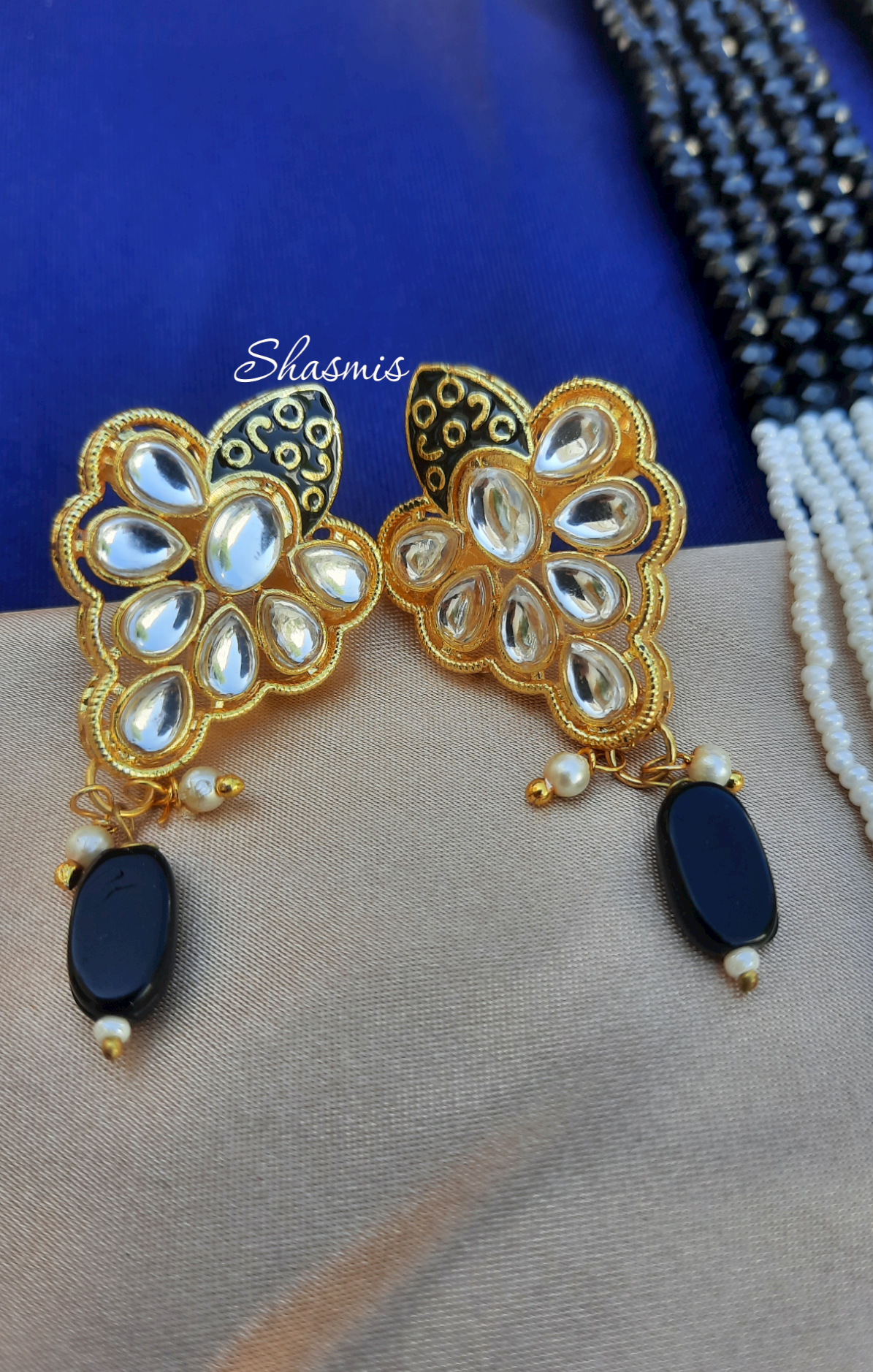 Black Color Kundan Long Beaded Necklace With Earrings