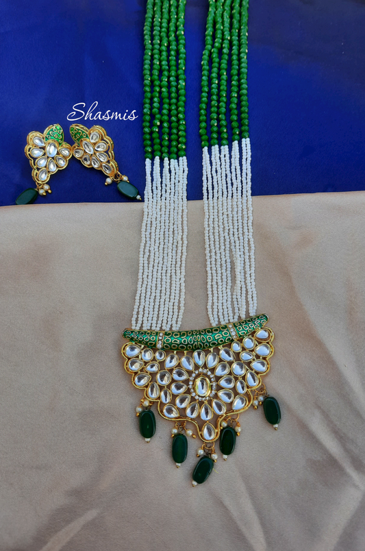 Green Color Long Kundan Beaded Necklace With Earrings