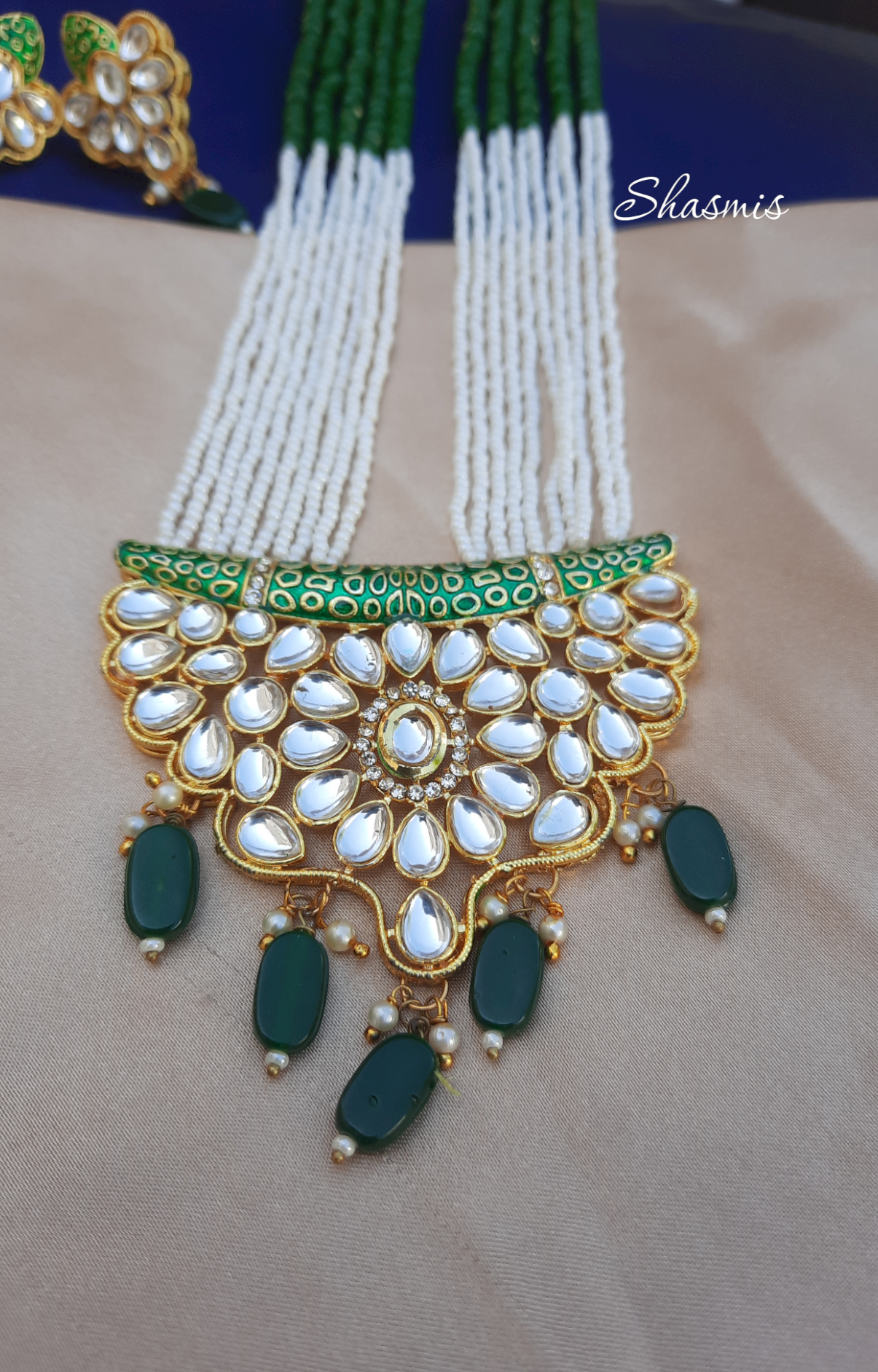 Green Color Long Kundan Beaded Necklace With Earrings