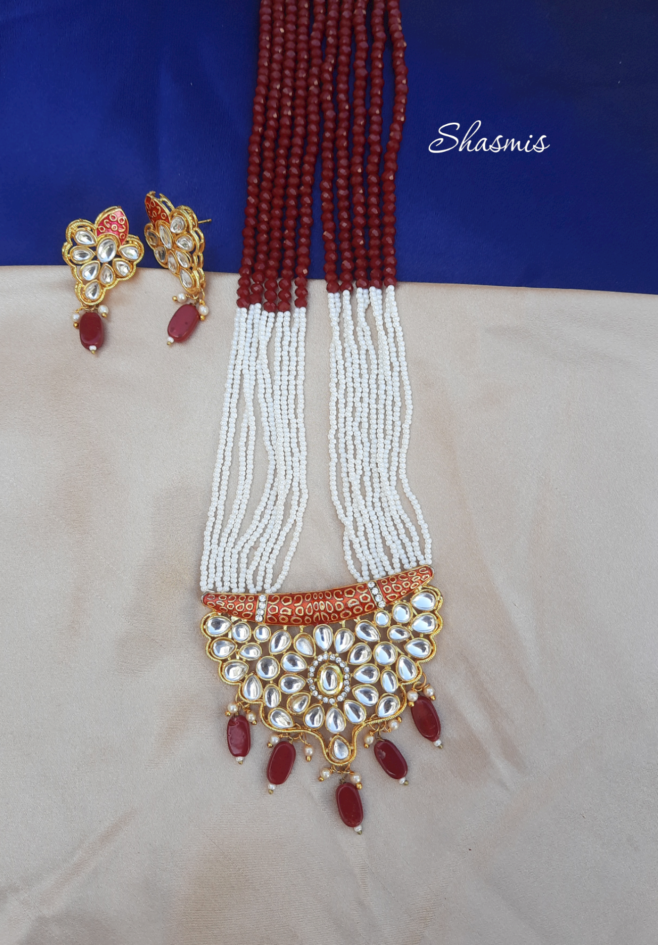 Red Color Kundan Long Necklace With Earrings