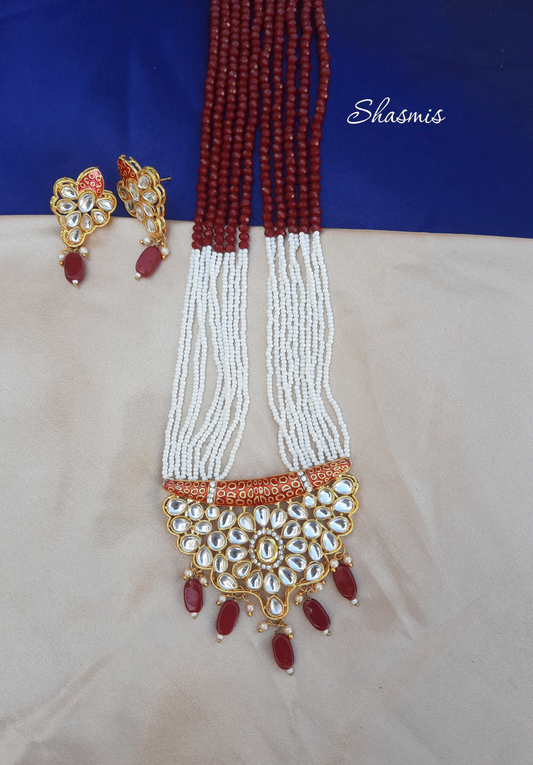 Red Color Kundan Long Necklace With Earrings