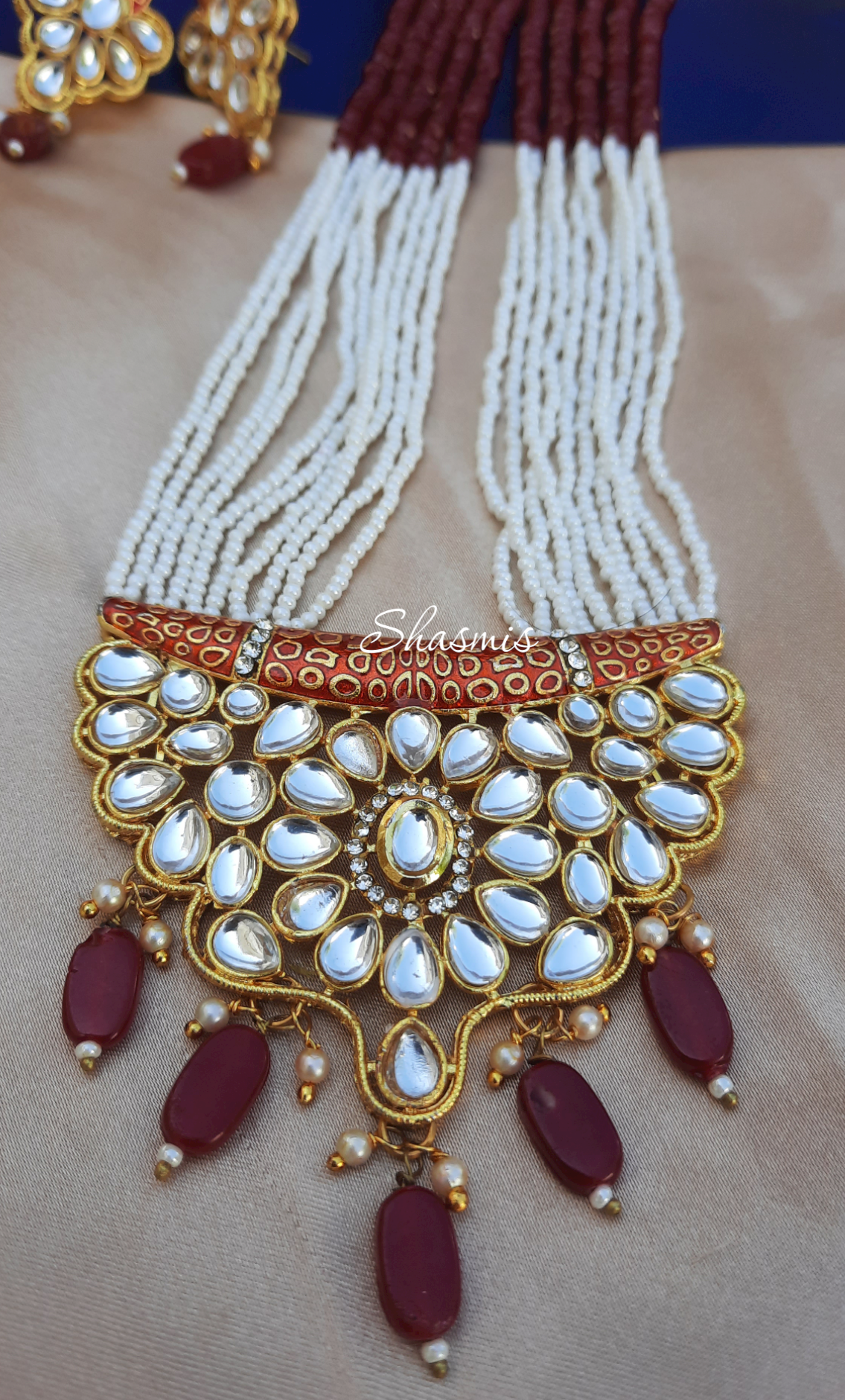 Red Color Kundan Long Necklace With Earrings