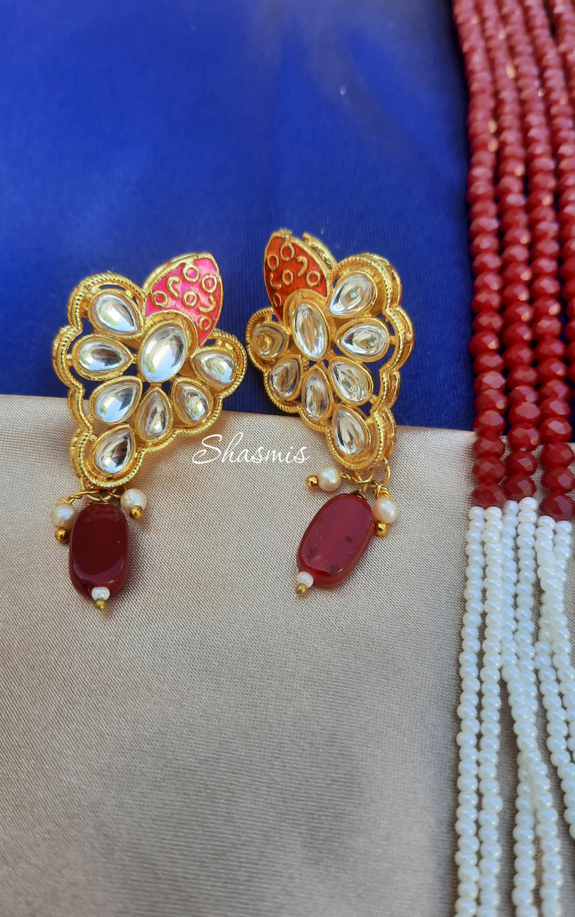 Red Color Kundan Long Necklace With Earrings