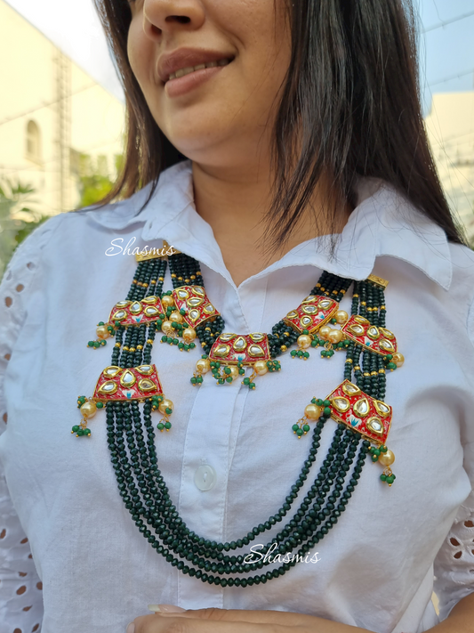 Green Color Layer Necklace With Kundan Stone And Pearls