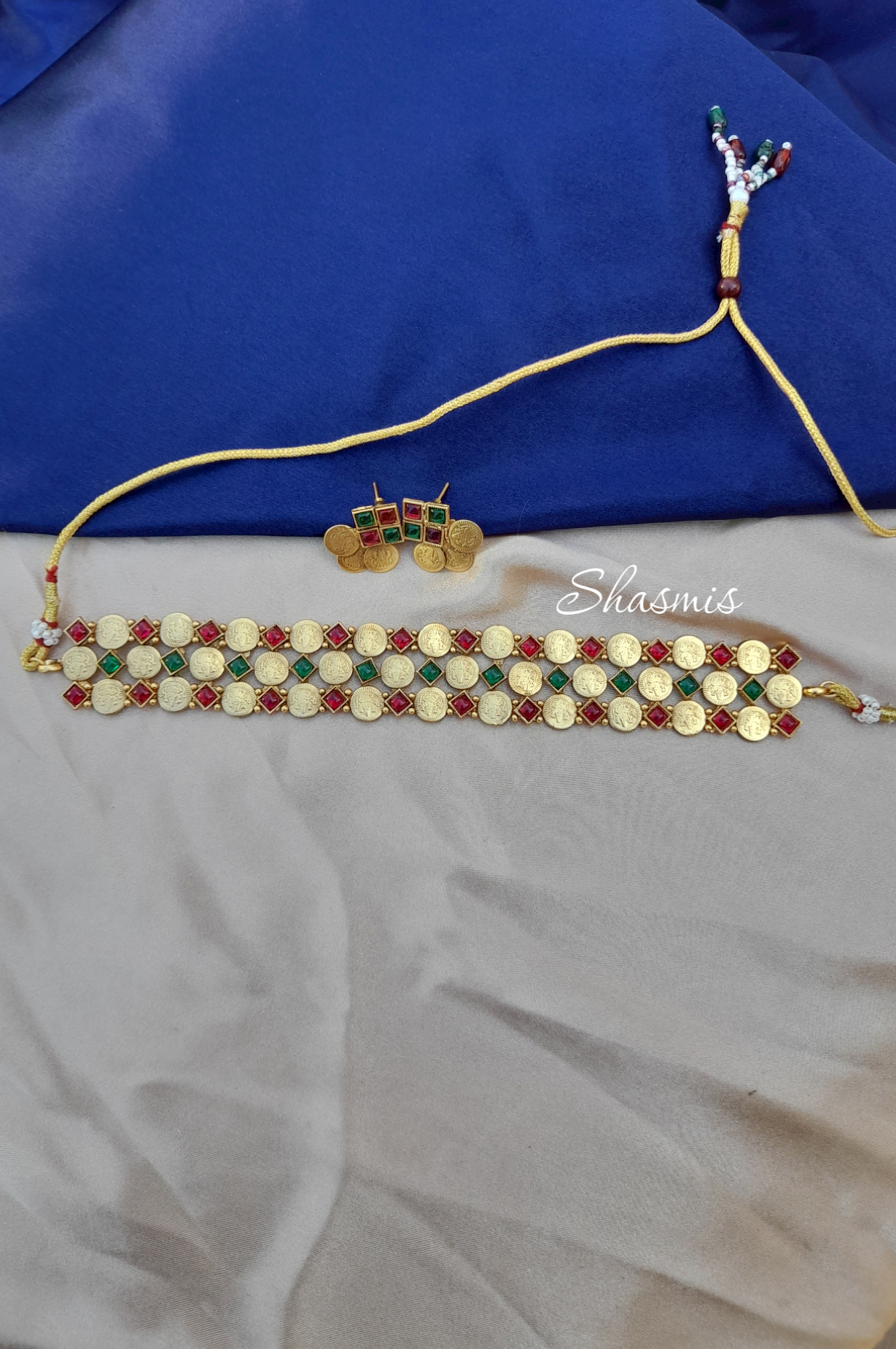 Gold Plated Statement Necklace With Red and Green Color Stones