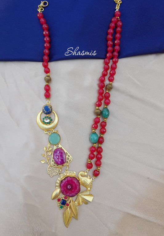 Pink Color Druzy Long Necklace 