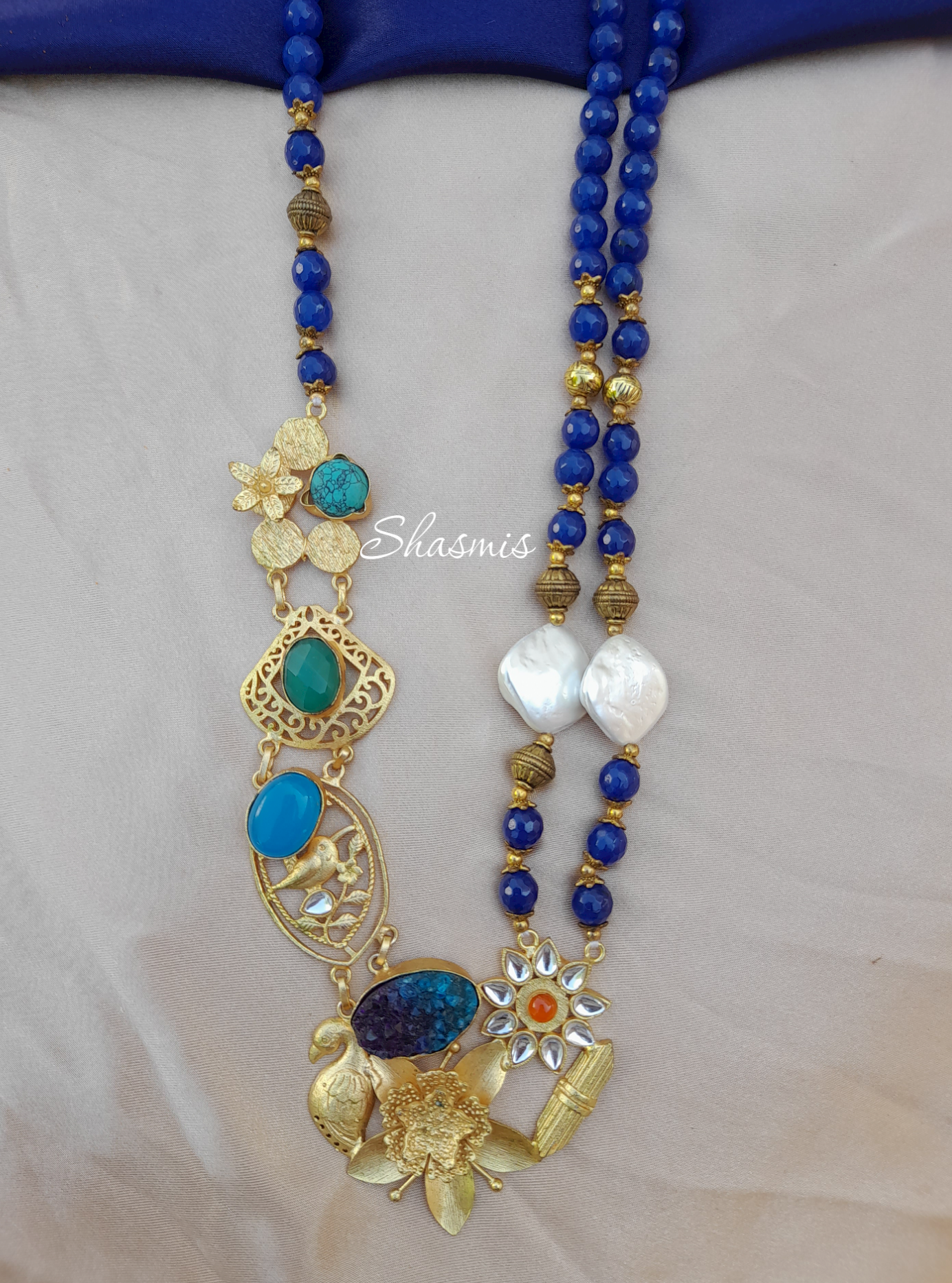 Blue Druzy Stone Necklace With Pearls