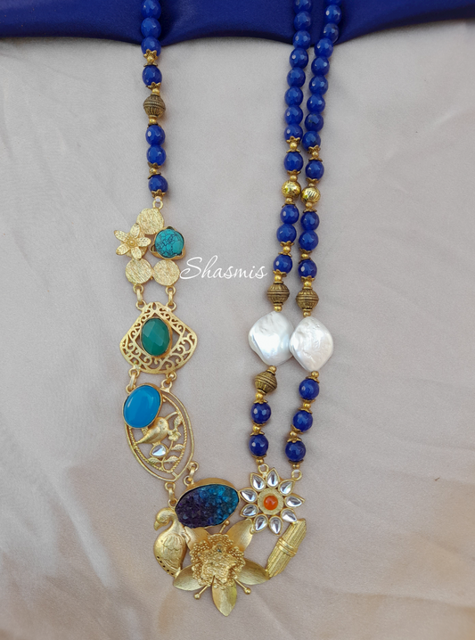Blue Druzy Stone Necklace With Pearls