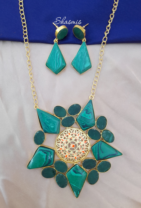 Sea Blue Druzy Stone Necklace With Earrings