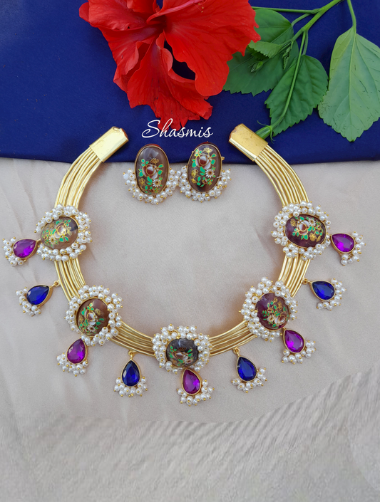 Statement Brown Stones Hand Painted Necklace With Pearls On Drop 
