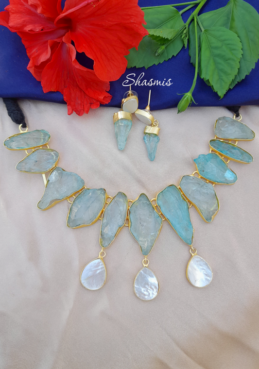 Sea Blue Druzy Stones Statement Necklace With Earrings