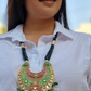 Green Color Necklace And Earrings With Beautiful Red Flower Design and Kundan Beads On drop