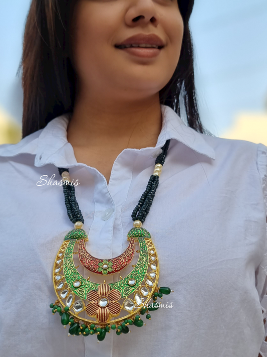 Green Color Necklace And Earrings With Beautiful Red Flower Design and Kundan Beads On drop