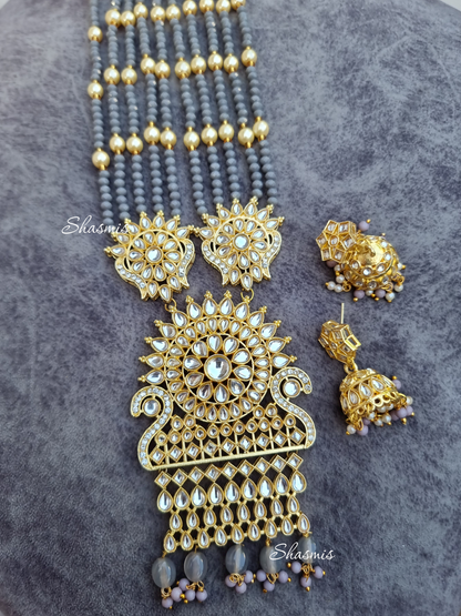 Kundan Beads and Stone Long Necklace With Earrings