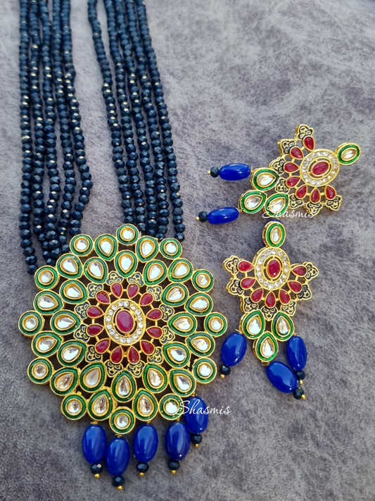 Amazing Blue Color Kundan Beads Long Necklace With Earrings