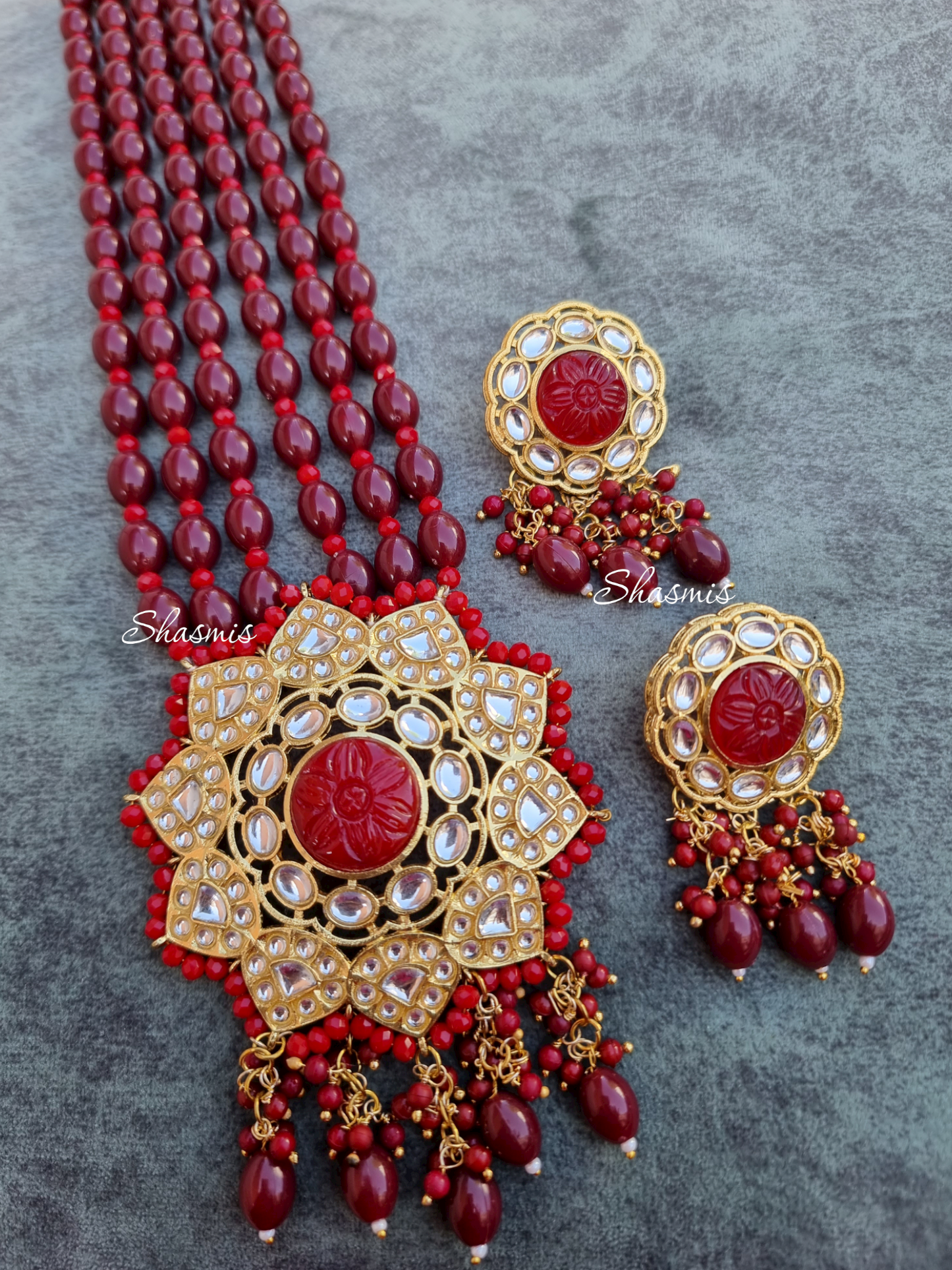 Carved Stone Kundan Long Necklace With Earrings