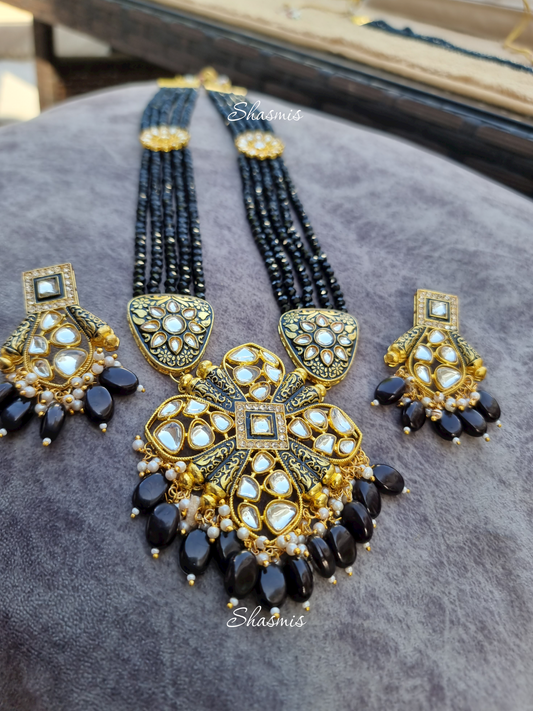 Black And Golden Long Kundan Necklace With Beads On Drop