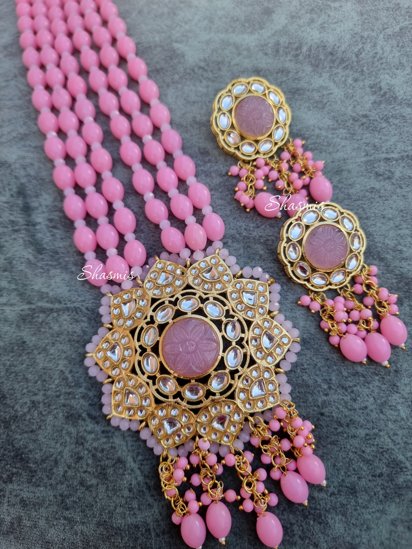 Carved Stone Kundan Long Necklace With Earrings