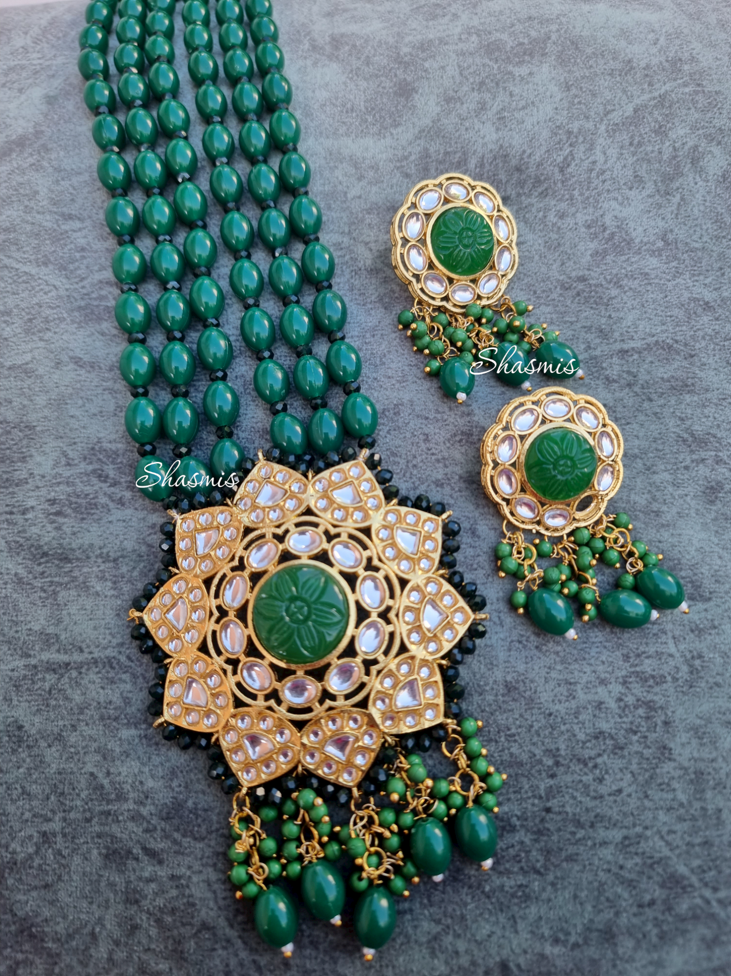 Carved Stone Kundan Long Necklace With Earrings