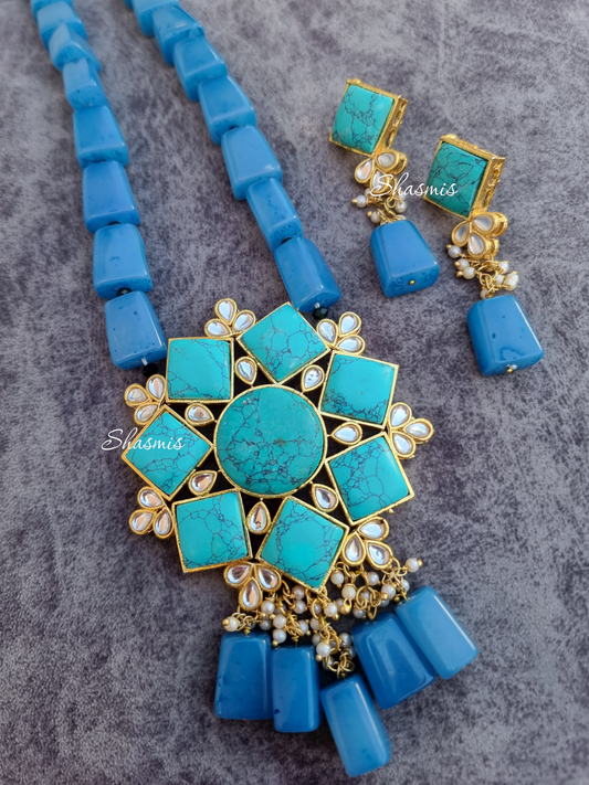 Turquoise Color Design Long Necklace With Earrings