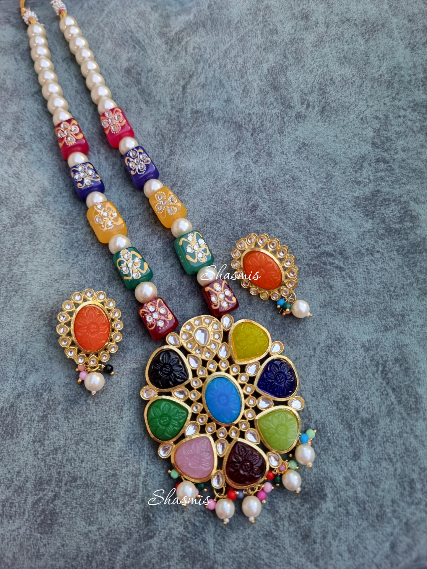 Blue Centre Stone With Navratna Stone Long Necklace With Earrings