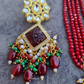 Maroon Color Kundan Necklace With Carved Stone and Earrings
