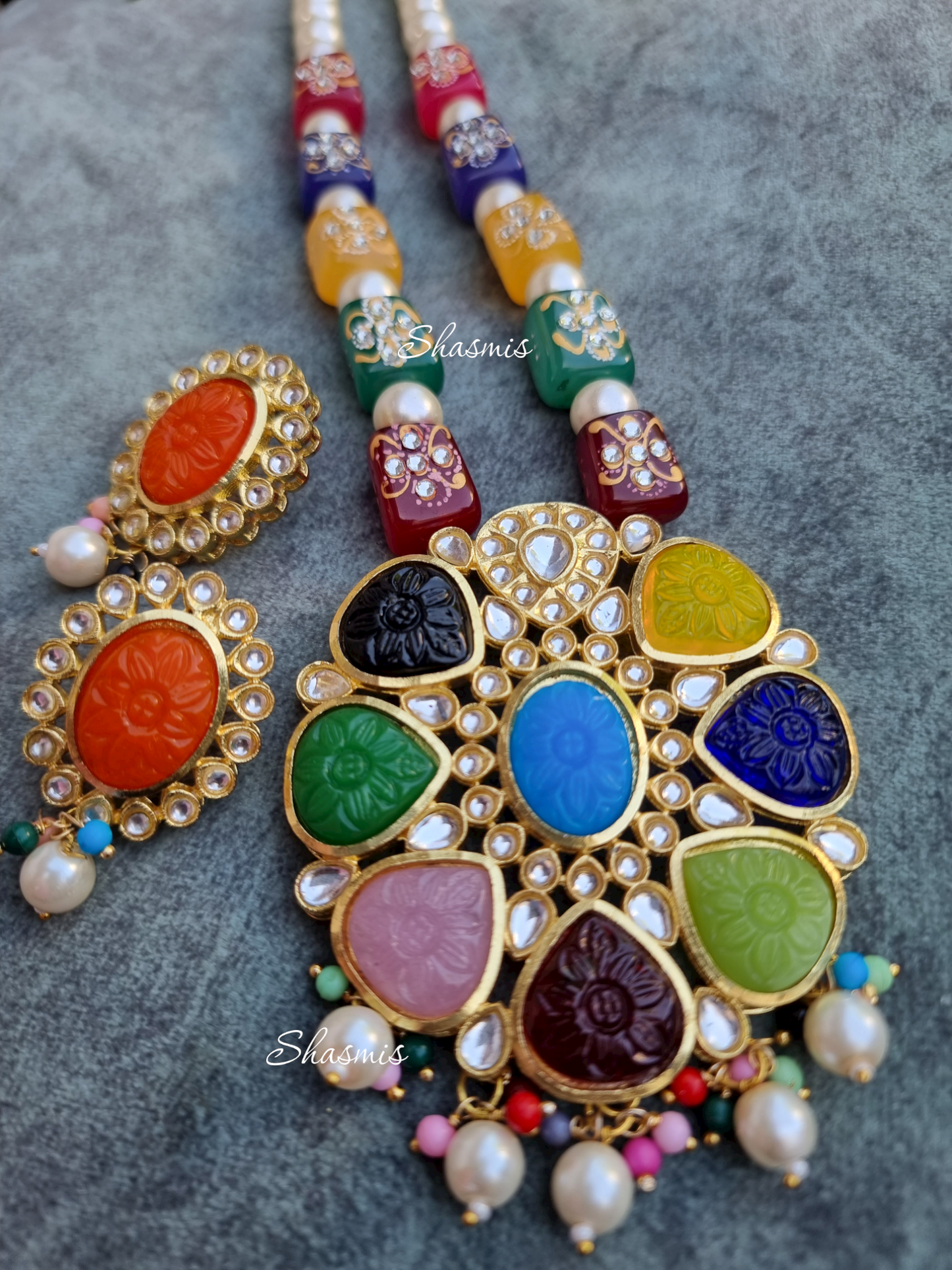 Blue Centre Stone With Navratna Stone Long Necklace With Earrings