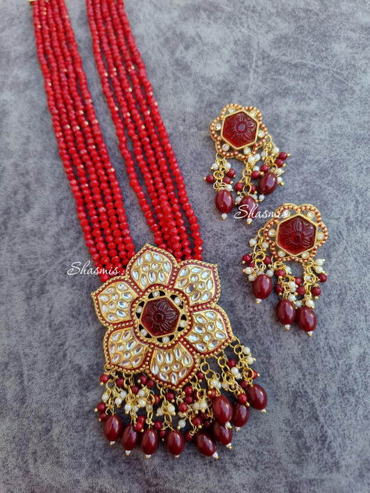 Centre Stone Kundan Long Necklace With Pearls On Drop and Earrings
