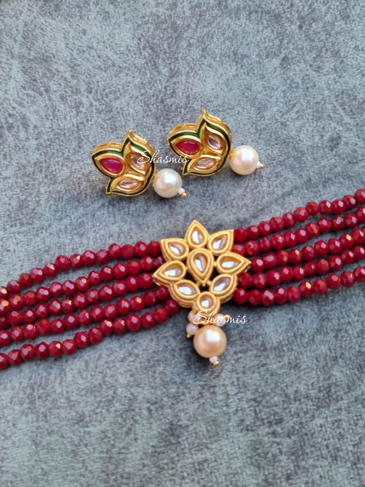 Maroon Color Kundan Neck Choker With Earrings